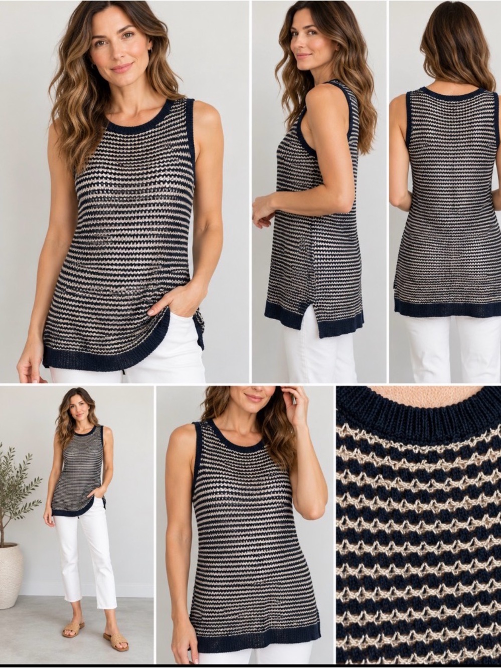 Eileen Fisher PM Petite Organic Cotton Linen Striped Knit Tunic Tank